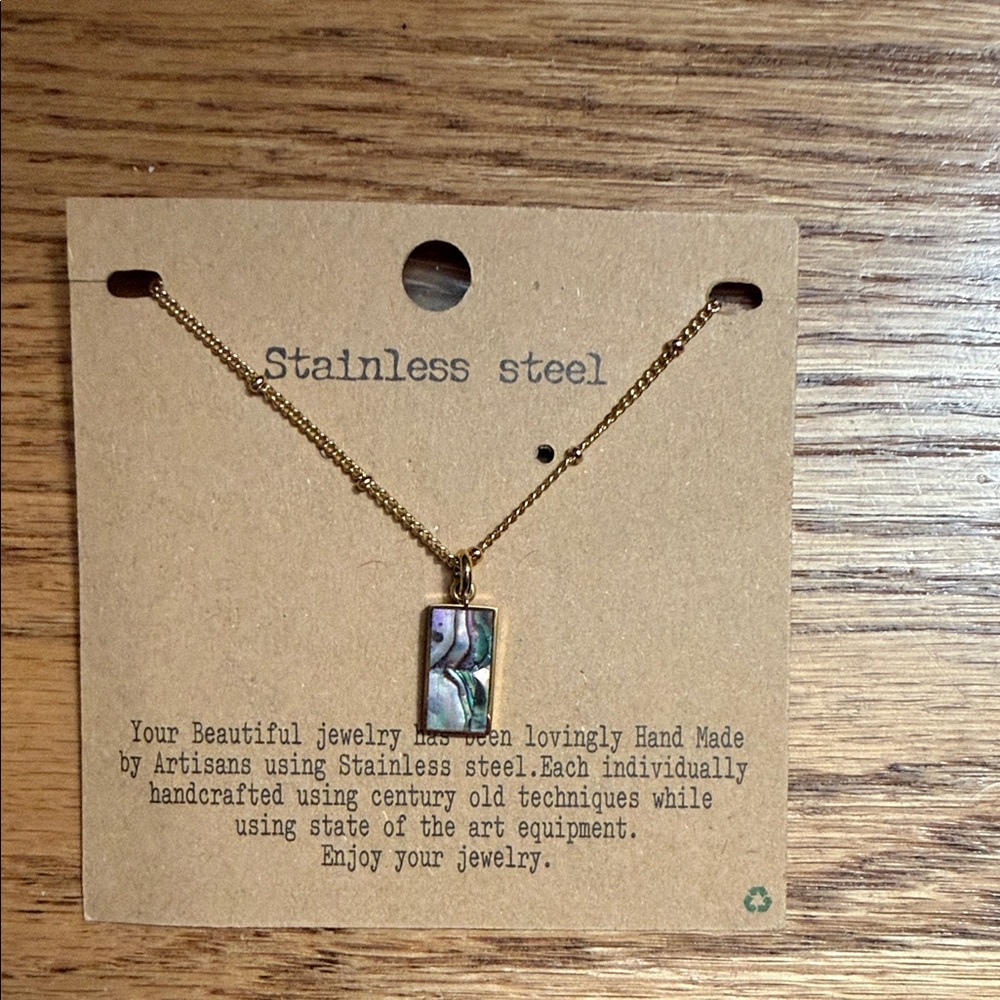 Gold Necklace with Iridescent Abalone Rectangle Pendant